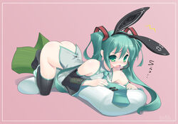 amasa_mitsunaru animal_ear aqua_eyes aqua_hair ass bare_shoulders black_legwear black_thighhighs bottomless bunny_ear detached_sleeves hair_ornament hatsune_miku headset kemonomimi_mode long_hair lying nail_polish necktie no_panties on_stomach panties panties_around_one_leg pillow solo speaker spring_onion striped striped_panties tear themed_object thighhighs tied_hair twintails underwear vocaloid