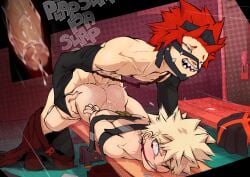 2boys anal arms_behind_back bakugou_katsuki boku_no_hero_academia bound bound_arms cum eijirou_kirishima gagged gay highres kirishima_eijirou locker_room male_focus multiple_boys my_hero_academia penis red_hair sex sex_from_behind spiked_hair vonboche yaoi