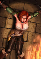 1girls against_wall arms_up bondage boots bound breasts cd_projekt_red chains cleavage clenched_teeth corset dungeon fire fully_clothed green_eyes hair huge_breasts human necklace red_hair restrained shackles solo standing svoidist the_witcher the_witcher_(series) the_witcher_2 the_witcher_3:_wild_hunt thigh_strap triss_merigold