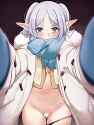 absurdres black_background blue_gloves blue_scarf blush censored coat commentary drop_earrings earrings english_commentary female frieren fur-trimmed_hood fur_trim gloves green_eyes heart heart_censor highres hood jewelry long_hair looking_at_viewer meme navel open_clothes open_coat panties panty_pull parted_bangs pointy_ears pov pov_cheek_warming_(meme) pussy_juice scarf smile solo sousou_no_frieren steaming_body todding underwear winter_clothes winter_coat winter_gloves