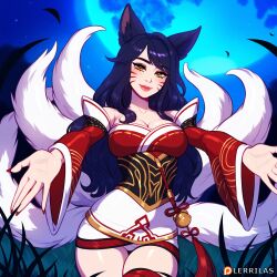 ahri ai_generated kimono league_of_legends league_of_legends:_wild_rift lerrilas medium_breasts navy_blue_hair outstretched_arms riot_games yellow_eyes