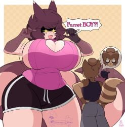 absurd_res anthro big_breasts big_tail breasts brown_fur couple female femboy fluffy fluffy_tail front_view furret furry hair hair_bun hands multicolored_fur nintendo open_mouth poisonmirror pokémon_(species) pokemon size_difference sly_(sly131o) sportswear tail text thick_thighs thunder_thighs unown_(pokemon) wide_hips