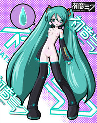 1girls 2d artist_request black_sleeves black_thighhighs blue_eyes blue_hair blush breasts character_name checkered_background color detached_sleeves eyebrows_visible_through_hair eyes_visible_through_hair female female_only full_body functionally_nude functionally_nude_female hatsune_miku japanese_text light-skinned_female light_skin logo long_hair long_sleeves medium_breasts navel nipples number_tattoo partially_clothed red_tattoo romaji_text simple_background sleeves solo speech_bubble tattoo text thighhighs translation_request twintails vocaloid