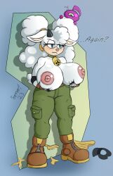 1girls anthro bell bell_collar belt belt_buckle big_breasts blue_eyes boots bovid breasts breasts_out caprine cargo_pants collar cowbell ewe flashing fluffy grumpy holding_breast idw_publishing lanolin_the_sheep mostly_clothed sheep sheep_girl shoes sonic_(series) sonic_the_hedgehog_(comics) sonic_the_hedgehog_(idw) sonic_the_hedgehog_(series) topless wardrobe_malfunction white_hair white_wool wisp_(sonic) wool wool_(fur)