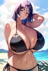 1girls ai_generated alteryors beach belly_button bikini black_bikini fate/grand_order fate_(series) gigantic_breasts huge_breasts large_breasts looking_at_viewer minamoto_no_raikou_(fate/grand_order) navel novelai one_arm_behind_head purple_eyes purple_hair short_hair smile solo thick thick_thighs tummy voluptuous wide_hips