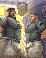 angry bara bulge facial_hair fully_clothed hands_behind_back male male_only muscles muscular robertsilva2019 size_difference speech_bubble