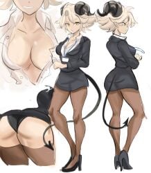 1girls ass ass_focus big_ass big_breasts breasts cleavage golden_eyes horns large_breasts looking_at_viewer office_clothing office_lady oni_horns original pointy_ears rakeemspoon revealing_breasts solo solo_female susan_(rakeemspoon) tail