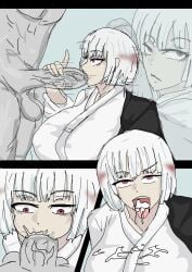 1boy 1female big_breasts big_penis blowjob cum cum_in_mouth curvy fellatio jujutsu_kaisen oral short_hair togata_art uraume white_hair