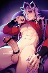 1boy abs bar_censor black_headwear censored clothes_lift cock_ring demon_slayer douma fingernails grey_hair grin highres joraffasalmon kimetsu_no_yaiba male_focus nail_polish navel nipples oerba_yun_fang penis penis_piercing piercing pink_nails red_shirt sex_toy sharp_fingernails shirt shirt_lift smile solo teeth testicles