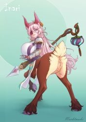 animal_ear_fluff animal_ears anthro anus aqua_background armor artist_name breasts brown_fur centaur centauress centauroid character_name deer_tail english_commentary female from_behind full_body gauntlets hair_between_eyes highres holding holding_staff hooves huge_breasts long_hair looking_at_viewer monster_girl nachtmahr one_eye_covered original parted_lips pelvic_curtain pink_hair purple_eyes pussy shadow shoulder_armor sidelocks simple_background solo staff standing standing_on_three_legs tail taur uncensored very_long_hair