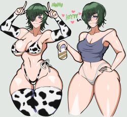 1girls armwear big_breasts bikini bikini_bottom bikini_top blush bottomwear breasts chainsaw_man cleavage cow_print cow_print_armwear cow_print_bikini cow_print_gloves cow_print_legwear cow_print_thighhighs english_text eye_patch eyewear female female_only green_hair hair heart heart himeno_(chainsaw_man) hips huge_breasts legwear one_eye_obstructed shingattai short_hair solo solo_female swimwear tank_top text thick_thighs thighhighs thighs thong topwear white_thong wide_hips