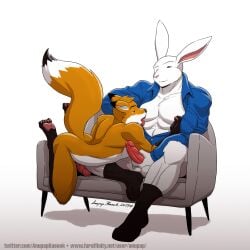 2019 anthro anupap balls bottomless canid canine clothed clothing duo erection fan_character fox genitals holding_penis humanoid_genitalia humanoid_penis lagomorph leporid licking male male/male mammal muscular muscular_anthro muscular_male nipple_fetish nipple_lick nipple_pinch nipple_play nipples nude penis pinch rabbit shirt tongue tongue_out topwear unbuttoned vein veiny_penis