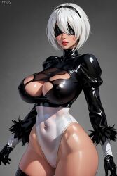 1robot_girl 2d ai_generated boob_window breast_window gloves grey_background kaena68_(artist) leotard liegekaena68 nier:_automata nipple_bulge solo yorha_2b