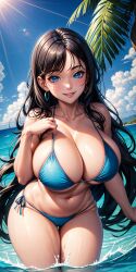 1girls 2024 abs ai_generated aquamarine_eyes armpits beach big_breasts bikini black_hair blue_bikini blush blush_lines blushing_at_viewer breasts cleavage cloud clouds collarbone day earrings female female_only gigantic_breasts high_resolution highres hips hourglass_figure large_breasts legs long_hair looking_at_viewer micro_bikini navel original original_character palm_tree parted_lips sea self_upload smile smiling smiling_at_viewer solo stable_diffusion standing sun sunny swimming swimsuit thighs toned toned_body toned_female voluptuous voluptuous_female water yodayo