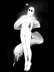 arms_behind_back artist_logo artist_name barefoot bottomless clitoral_hood facing_viewer feet female floating full_body ghost_girl glowing godiva_ghoul greyscale groin highres hollow_eyes knees leaning_back legs mask monochrome naked_costume navel original pillarboxed plantar_flexion pussy ribs sharp_toenails sheet_ghost stomach toenails torn_clothes