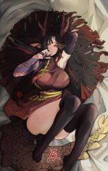 animal_ears armpits armwear big_breasts black_hair black_nails black_thighhighs detached_sleeves dragon_tail horns japanese_clothes kimono laying_down laying_on_back laying_on_bed long_hair looking_at_viewer matata1203 red_eyes short_kimono tail tattoo tattooed_arm thick_thighs thighhighs two_tone_hair