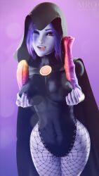 1girls 3d blue_hair cape dc dc_comics dildo female female_only horsecock_dildo leotard medium_breasts moonroomoom purple_eyes raven_(dc) solo teen_titans