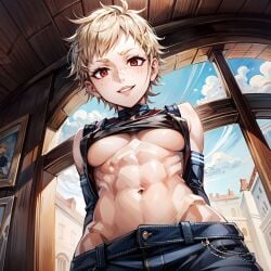 1girls abs ai_generated arbitrary arms_behind_back athletic_female blonde_hair female female_only fire_emblem fire_emblem_fates freckles from_below grinning hi_res highres hip_bones nintendo red_eyes scarlet_(fire_emblem) shirt_up short_hair small_breasts stable_diffusion tomboy toned_female toned_stomach underboob very_short_hair