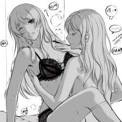 2girls bang_dream! bang_dream!_it's_mygo!!!!! blush bra breasts cang_(akaga204) chihaya_anon chinese_commentary chinese_text clenched_teeth collarbone commentary_request fingering greyscale hand_on_own_chest highres kneehighs lace-trimmed_bra lace-trimmed_panties lace_trim long_hair medium_breasts monochrome multiple_girls nagasaki_soyo one_eye_closed panties parted_lips sidelocks socks sweat teeth thought_bubble translation_request trembling underwear underwear_only yuri