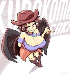 cowboy_hat finger_gun hankerchief large_breasts quarium saki_kurokoma shoulders smirk touhou wings