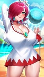 1girl 1girls alternate_version_available beach beach_background big_breasts boobs_bigger_than_head breasts breasts_bigger_than_head cleavage crown curvy curvy_body curvy_female curvy_figure earring earrings final_fantasy jewelry koarujpg mario_sports_mix red_hair robe robes solo solo_female solo_focus tagme thick_thighs thighs tiara volleyball white_mage