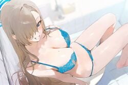 asuna_(blue_archive) barefoot bathroom bikini blue_archive blush cleaning_&_clearing_(blue_archive) grin high-angle_view lace_trim looking_at_another millennium_science_school_student preview_(preview0) sitting_on_toilet smile tile_floor tile_wall