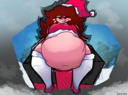 1girls bellowithjello bloated_belly breasts christmas_outfit female female_pred fnf friday_night_funkin girlfriend_(friday_night_funkin) implied_vore thighs vore vore_belly