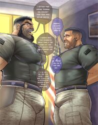 bara bulge facial_hair fully_clothed hands_behind_back male male_only muscles muscular robertsilva2019 size_difference speech_bubble