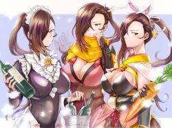 3girls alcohol alternate_costume animal_ears bare_shoulders black_dress bottle breasts bridal_gauntlets brown_eyes brown_hair bucket bunny_ears bunny_girl bunnysuit carrot cleavage dress fake_animal_ears female female_only fire_emblem fire_emblem_fates fire_emblem_heroes flower food frills glass_bottle gloves hair_flower hair_ornament hair_over_one_eye holding holding_food holding_vegetable ice_bucket kagero_(fire_emblem) kagero_(halloween)_(fire_emblem) kagero_(spring)_(fire_emblem) kiran_(fire_emblem) large_breasts leotard long_hair long_sleeves looking_at_viewer maid maid_headdress multiple_girls multiple_persona ninja nintendo official_alternate_costume oh01861884 pantyhose playboy_bunny ponytail rabbit_ears scarf sideboob simple_background vegetable wine wine_bottle yellow_scarf