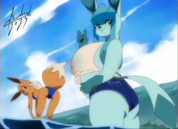 anthro beach bikini blulesnsfw bottomwear chubby_female clothing crt_effect eevee eeveelution female generation_1_pokemon generation_4_pokemon glaceon nintendo overweight pokemon pokemon_(species) sea seaside shorts skinny swimwear water wet wet_clothing