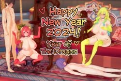 2girls 3d 4boys areolae belly_button big_penis big_penis_adoration blonde_hair blush breasts censored dark-skinned_male dark_skin dragon_girl dragon_horns erect_penis erection fuemo gloves heterochromia horns huge_breasts ilulu_(dragon_maid) indoors kobayashi-san_chi_no_maidragon light-skinned_female light-skinned_male light_skin lucoa lucoa_(maidragon) male_pubic_hair monster_girl mosaic_censoring netorare new_year nipples ntr penis penis_size_difference pubic_hair queen_of_spades quetzalcoatl_(dragon_maid) red_eyes red_gloves red_hair small_penis small_penis_humiliation spade_tattoo tattoo yellow_gloves