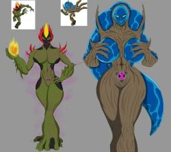 2girls alien alien_girl ben_10 ben_10_ultimate_alien blue_skin chaquetrix evolved_methanosian female female_focus kofre large_breasts methanosian nahuelconer plant plant_girl reference_image rule_63 standing swampfire ultimate_swampfire