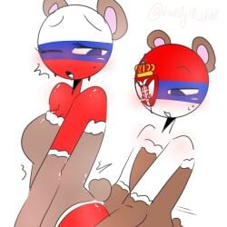 ambiguous_penetration bear_costume bear_ears bear_tail countryhumans countryhumans_girl eye_patch grabbing_ass height_difference implied_sex incest kak0yt0_chel looking_back looking_pleasured medium_breasts moaning mother_and_son motion_lines older_female one_eye_closed request russia_(countryhumans) serbia_(countryhumans) younger_male