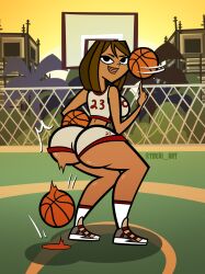 ass basketball basketball_(ball) basketball_uniform big_ass breasts brown_hair bubble_butt busty courtney_(tdi) crop_top dark-skinned_female dark_skin female female_focus female_only hourglass_figure looking_at_viewer looking_back rear_view short_hair short_shorts sideboob sneakers socks tagme tank_top tdkai_art total_drama_island wide_hips