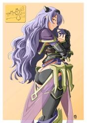 1girls alternate_eye_color armor ass automatic_giraffe bare_thighs black_armor black_panties black_thighhighs border breasts butt_crack camilla_(fire_emblem) cleavage dated female female_only fire_emblem fire_emblem_fates gloves hair_over_one_eye highres inner_thighs large_ass large_breasts long_hair looking_at_viewer looking_back medium_breasts nintendo orange_background orange_eyes panties pelvic_curtain purple_hair see-through signature simple_background smile solo thighhighs thighs tiara underwear very_long_hair wavy_hair white_border