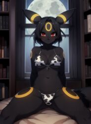 against_window ai_generated anthro anthrofied bikini black_body cow_print cow_print_bikini damnblackfox female female_only generation_2_pokemon looking_at_viewer moon night pokemon pokemon_gsc red_eyes sitting solo stable_diffusion umbreon