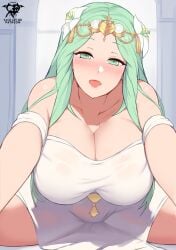 1girls bare_shoulders blush breasts cleavage dress female female female_only fire_emblem fire_emblem:_three_houses flexible flower green_eyes green_hair hair_flower hair_ornament highres huge_breasts kaos_art long_hair looking_at_viewer nintendo open_mouth outstretched_arm pov reaching reaching_towards_viewer rhea_(fire_emblem) smile solo split spread_legs