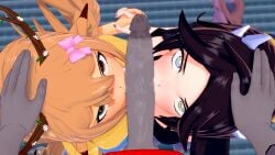 1boy 2girls blowjob_sandwich cassafrass collaborative_fellatio dick double_fellatio fellatio female freckles hand_holding horns koikatsu looking_at_viewer multiple_girls renhentai shinect_(callie_forniya) teamwork virtual_youtuber vtuber