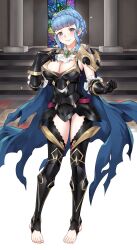 1girls alternate_costume armor armored_leotard ascot bare_thighs black_armor black_gloves blue_cape blue_hair blunt_bangs braid breasts brown_eyes cape cleavage closed_mouth commentary commission corrin_(female)_(fire_emblem)_(cosplay) cosplay crown_braid english_commentary feet female female_only fire_emblem fire_emblem:_three_houses fire_emblem_fates fire_emblem_heroes gauntlets gloves highres igni_tion indoors inner_thighs large_breasts marianne_von_edmund nintendo no_shoes plackart short_hair shoulder_armor sidelocks smile solo stirrup_legwear thighs toeless_legwear toenails toes torn_cape torn_clothes white_ascot
