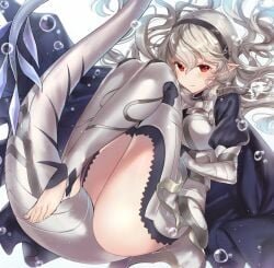 1girls ass bare_thighs blush bubble cloak corrin_(female)_(fire_emblem) corrin_(fire_emblem) corrin_(fire_emblem)_(female) english_commentary feet female female female_only fire_emblem fire_emblem_fates gloves grey_hair hair_between_eyes hairband haru_(nakajou-28) highres inner_thighs juliet_sleeves knees_on_chest long_hair long_sleeves nintendo no_shoes pointy_ears puffy_sleeves red_eyes silver_hair simple_background smile solo stirrup_legwear tail thighs toeless_legwear toes white_background white_hair