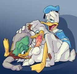 anatid anseriform anthro ass avian ball_lick balls bird bodily_fluids butt_grab cum cum_in_mouth cum_inside disney donald_duck duck fellatio foreskin genital_fluids genitals group hand_on_butt hi_res koopakrazy85 licking male male/male modjo oral penile penis sex tale_(taleofnobody) tongue tongue_in_foreskin tongue_out trio