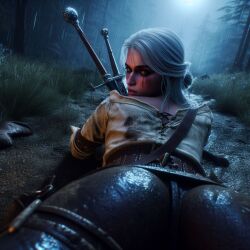 ai_generated ass broken_neck ciri clothing female green_eyes solo sword the_witcher_(series) the_witcher_3:_wild_hunt white_hair witcherzonensfw