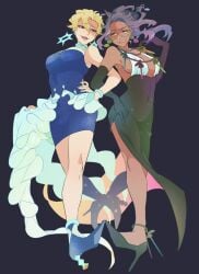 2girls blonde_hair breasts briar_(pokemon) chocolate_and_vanilla dark-skinned_female dark_skin dress earrings game_freak hand_on_hip high_heels light-skinned_female long_hair maruboku_b nintendo pokemon pokemon_sv purple_eyes purple_hair raifort_(pokemon) red_eyes short_hair sideboob tagme wide_hips