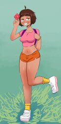 1girls aged_up backpack bag clothing condom dark-skinned_female dark_skin dora_marquez dora_the_explorer dora_the_sexplorer female footwear human latina nickelodeon orange_shorts shorts shuwybun