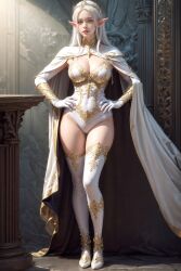 ai_generated armored_female elf elf_ears elf_female fantasy goddess gold_jewelry heroine leotard medieval medieval_armour revealing_clothes skimpy skimpy_clothes skimpy_outfit thighhighs white_hair white_outfit