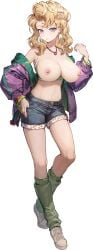 1girls areolae big_breasts blonde_hair blonney blue_eyes bracelet breasts earrings female jacket jean_shorts light-skinned_female light_skin looking_at_viewer medium_hair necklace nipples reverse:1999 shoes shorts socks solo standing third-party_edit