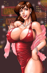 1girls 2002 breasts brown_eyes brown_hair clothes curvaceous dress erect_nipples female female_only human large_breasts light-skinned_female light_skin long_hair lupin_iii mine_fujiko nipples smile solo tagme takasugi_kou