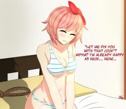 4k ass ass bed bikini blush blush bowtie bra breasts brown_hair closed_eyes closed_eyes depressed doki_doki_literature_club gothtrishy hi_res highres messy messy_hair nervous nervous_smile nervous_sweat noose on_bed panties sayori_(doki_doki_literature_club) short_hair smile smiling stripes sweat text worried worried_expression