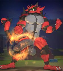 abs absurd_res anthro balls biceps bodily_fluids deuzion fangs generation_7_pokemon genital_fluids genitals hi_res incineroar leaking_precum male male_only muscular muscular_anthro muscular_male nintendo nipples pecs penis pokemon pokemon_(species) precum solo tail teeth vein veiny_penis