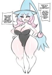 1girls black_eyes breasts busty dialogue female female_focus female_only generation_8_pokemon hatterene leotard multicolored_hair no_humans pokemon pokemon_(species) saltyxodium shortstack small_female thick_thighs thighs white_body white_pupils wide_hips